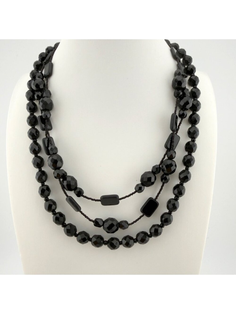 Black Glass Multi Strand Faceted Beaded Necklace Set of 2 Layered